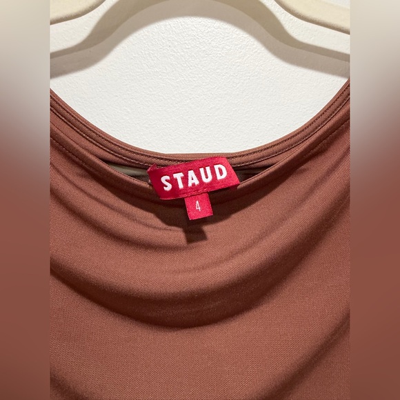 NEW STAUD Gres Dress, midi waterfall ruffle ruched brown tiramisu 4/ Small - Picture 9 of 15